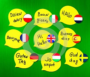 Learning foreign languages Ã¢â¬â¹Ã¢â¬â¹courses. Phrase greetings in different languages. Flags of the countries of the studied languages